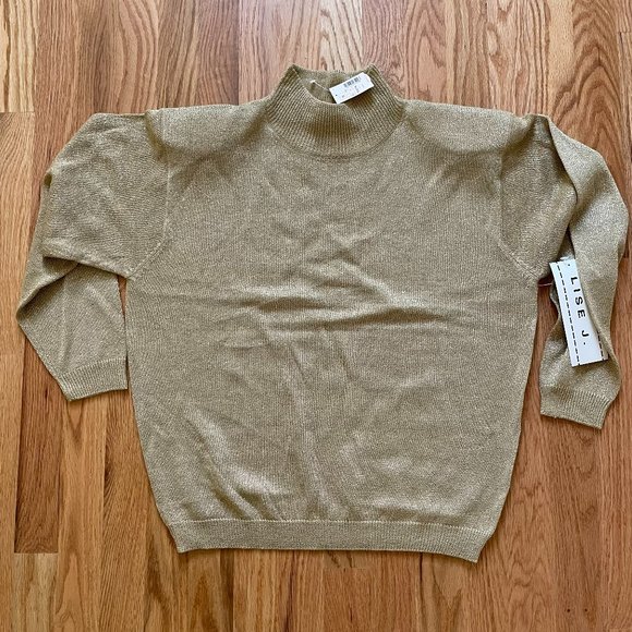 LISE J. Women’s Vintage Mock Neck Lurex Gold Sweater Sz M, Acrylic, Metallic NWT - Picture 4 of 8